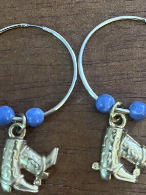 Gold Tone Hoops w Cowboy Charms Dangling Pierced Earrings